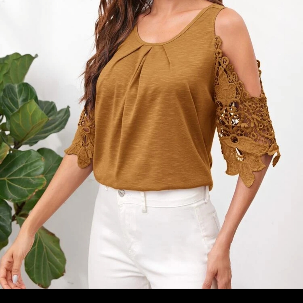 Cold Shoulder Guipure Lace Panel Solid Top Brown Large Brown